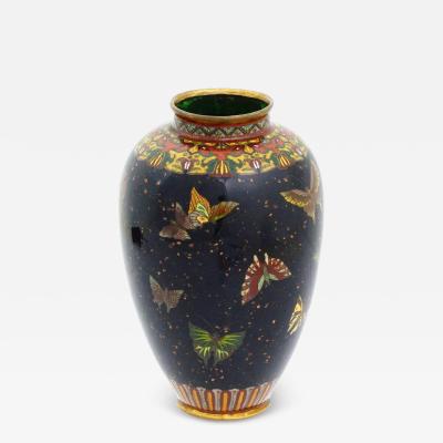 Antique Japanese Cloisonne Enamel Butterfly Black Goldstone Vase Honda Y