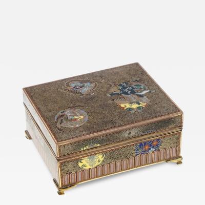 Antique Japanese Cloisonne Enamel Meiji Box Dragon Foo Dog Phoenix Bird