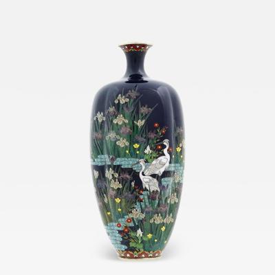 Antique Japanese Cloisonne Midnight Blue Enamel Floral Vase With Cranes Hayashi