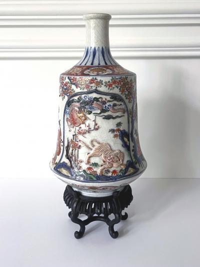 Antique Japanese Imari Bottle Vase on Wood Stand