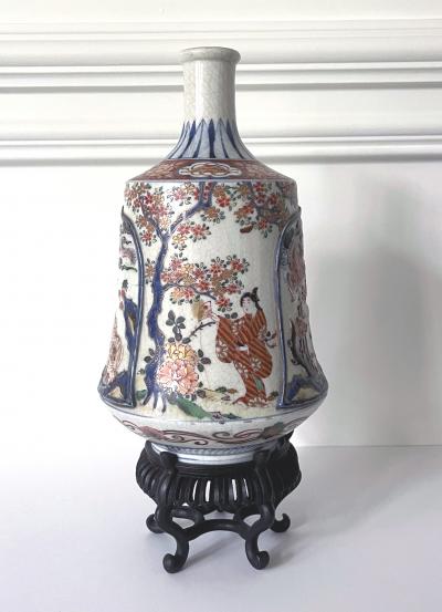 Antique Japanese Imari Bottle Vase on Wood Stand