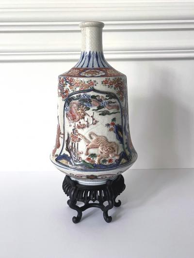 Antique Japanese Imari Bottle Vase on Wood Stand