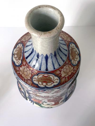Antique Japanese Imari Bottle Vase on Wood Stand