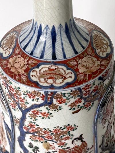 Antique Japanese Imari Bottle Vase on Wood Stand