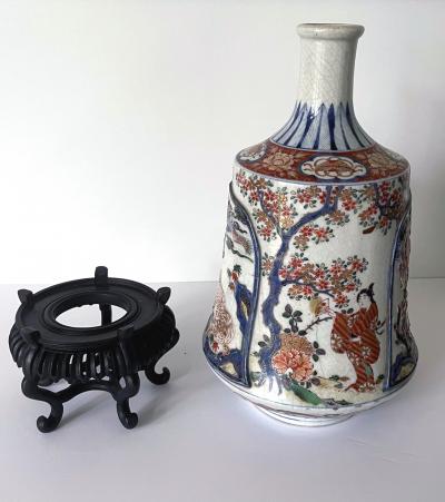 Antique Japanese Imari Bottle Vase on Wood Stand