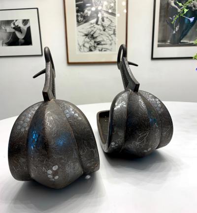 Antique Japanese Iron Stirrups with Silver Inlay