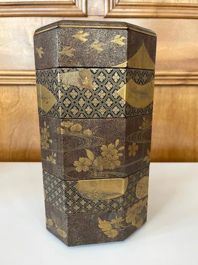 Antique Japanese Maki e Lacquer Stack Box Jubako