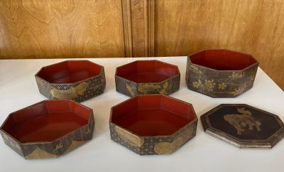 Antique Japanese Maki e Lacquer Stack Box Jubako