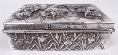 Antique Japanese Meiji Art Nouveau Silver Box with Iris Flowers
