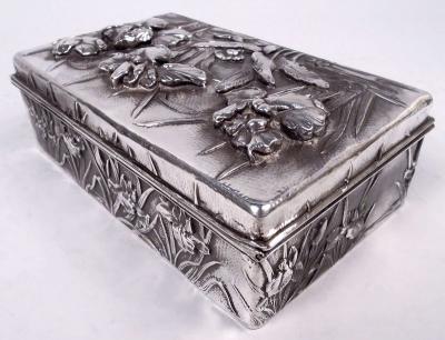 Antique Japanese Meiji Art Nouveau Silver Box with Iris Flowers