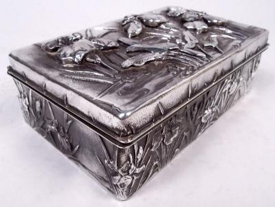 Antique Japanese Meiji Art Nouveau Silver Box with Iris Flowers