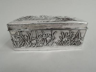Antique Japanese Meiji Era Silver Box with Iris Flowers