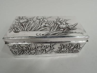 Antique Japanese Meiji Era Silver Box with Iris Flowers