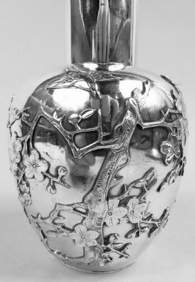 Antique Japanese Meiji Silver Blossoming Branch Tea Caddy