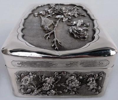 Antique Japanese Meiji Silver Box with Birds Blossoming Branches