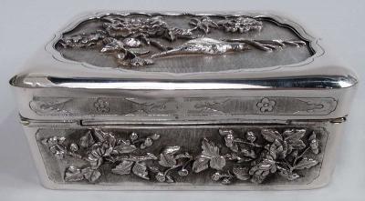 Antique Japanese Meiji Silver Box with Birds Blossoming Branches
