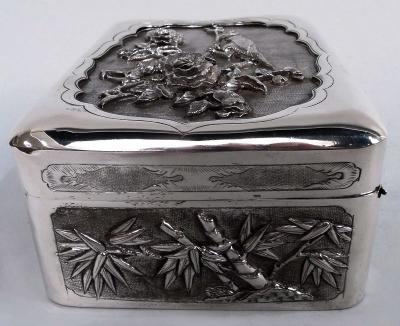 Antique Japanese Meiji Silver Box with Birds Blossoming Branches