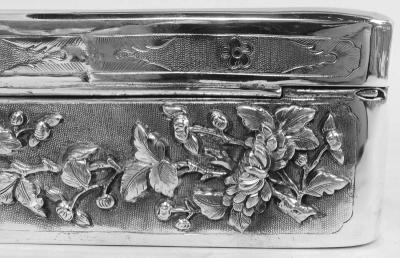 Antique Japanese Meiji Silver Box with Birds Blossoming Branches