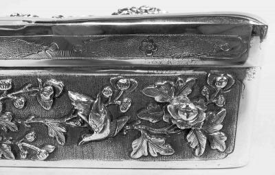 Antique Japanese Meiji Silver Box with Birds Blossoming Branches