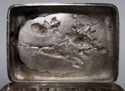 Antique Japanese Meiji Silver Box with Birds Blossoming Branches