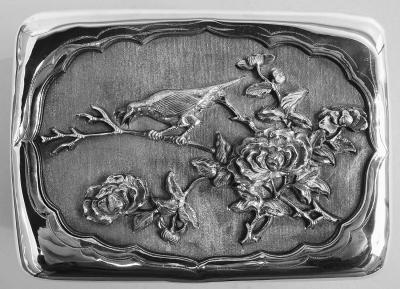 Antique Japanese Meiji Silver Box with Birds Blossoming Branches