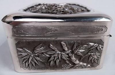 Antique Japanese Meiji Silver Box with Birds Blossoming Branches