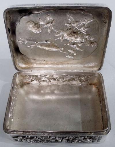 Antique Japanese Meiji Silver Box with Birds Blossoming Branches