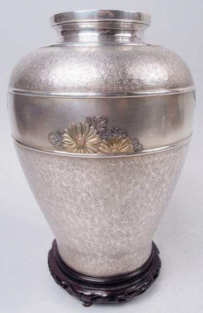 Antique Japanese Meiji Silver Daisy Vase with Applied Gold Flowers