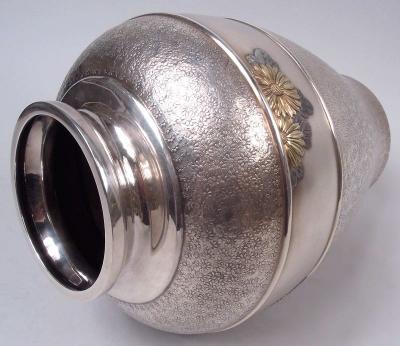 Antique Japanese Meiji Silver Daisy Vase with Applied Gold Flowers
