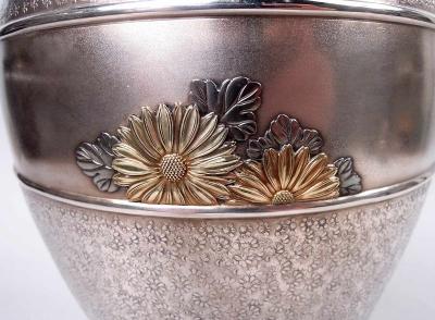 Antique Japanese Meiji Silver Daisy Vase with Applied Gold Flowers