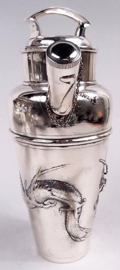 Antique Japanese Meiji Silver Firewater Dragon Cocktail Shaker