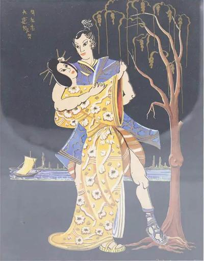 Antique Japanese Painting Framed on Jute Lovers Dance