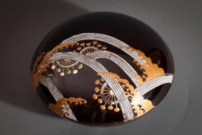 Antique Japanese Round Black Lacquer Box with Wheels in Flowing Stream