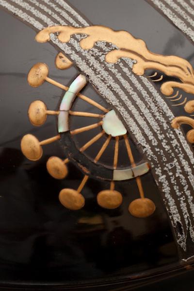 Antique Japanese Round Black Lacquer Box with Wheels in Flowing Stream