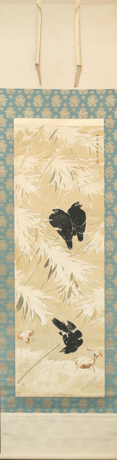 Antique Japanese Scroll Crows in Snowy Landscape