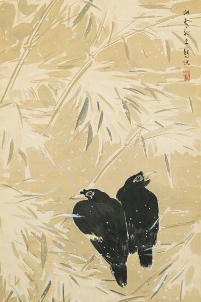 Antique Japanese Scroll Crows in Snowy Landscape