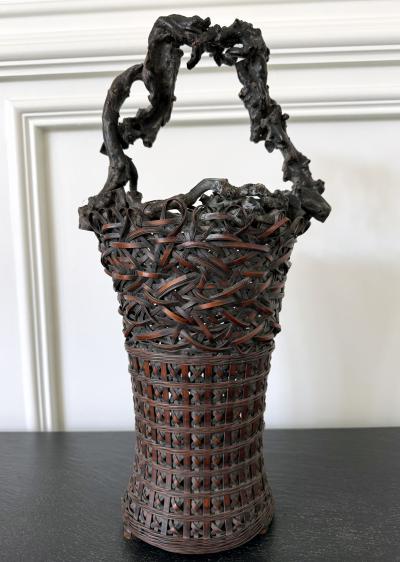 Antique Japanese Smoke Bamboo Basket with Wisteria Root Handle Meiji Period