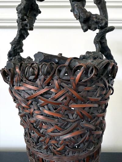 Antique Japanese Smoke Bamboo Basket with Wisteria Root Handle Meiji Period