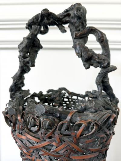 Antique Japanese Smoke Bamboo Basket with Wisteria Root Handle Meiji Period