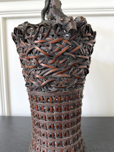 Antique Japanese Smoke Bamboo Basket with Wisteria Root Handle Meiji Period
