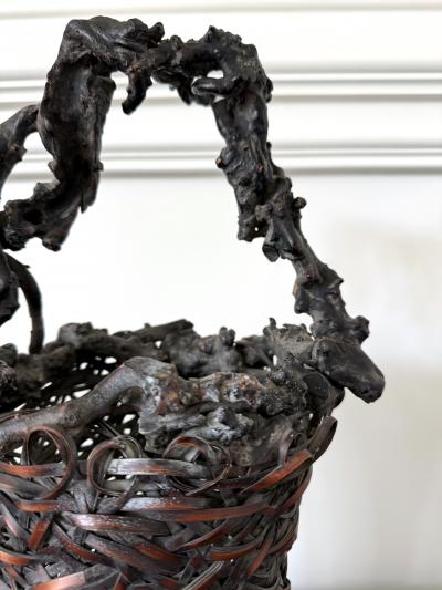 Antique Japanese Smoke Bamboo Basket with Wisteria Root Handle Meiji Period