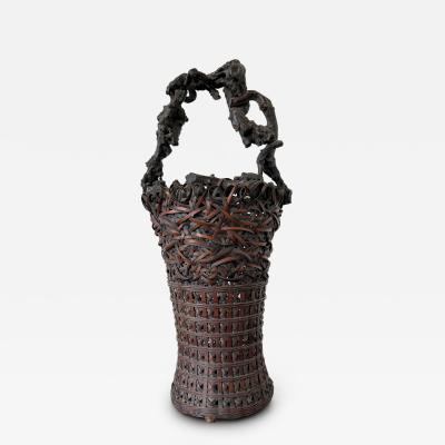 Antique Japanese Smoke Bamboo Basket with Wisteria Root Handle Meiji Period