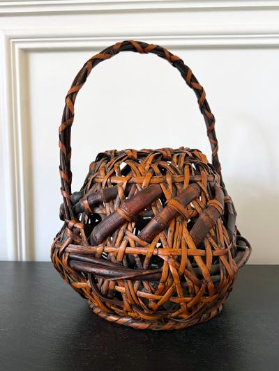 Antique Japanese Smoked Bamboo Basket Ikebana Mingei