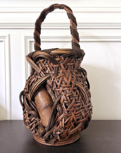 Antique Japanese Smoked Bamboo Mingei Basket Ikebana