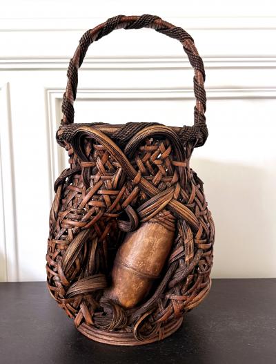 Antique Japanese Smoked Bamboo Mingei Basket Ikebana