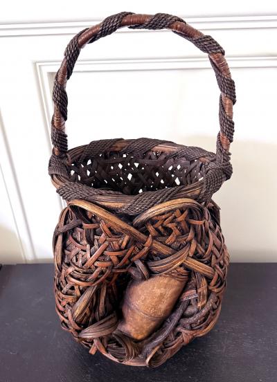 Antique Japanese Smoked Bamboo Mingei Basket Ikebana