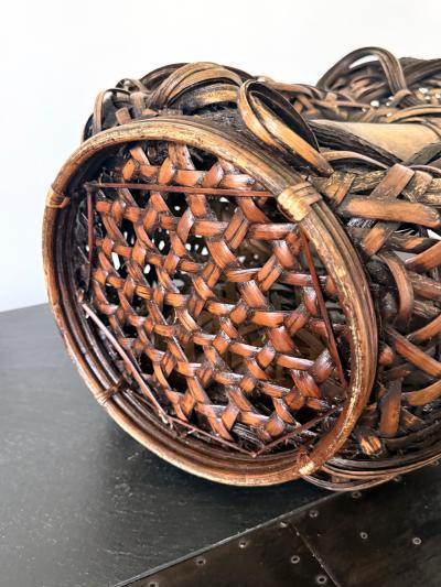 Antique Japanese Smoked Bamboo Mingei Basket Ikebana