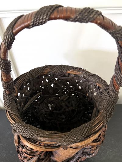 Antique Japanese Smoked Bamboo Mingei Basket Ikebana