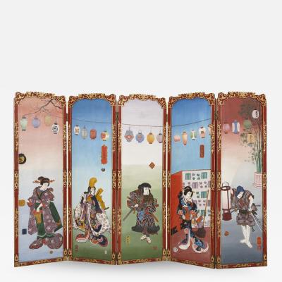 Antique Japonisme wooden folding screen with five panels