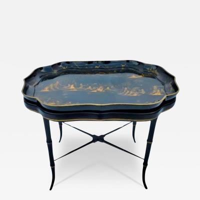 Antique Jennens Bettridge Chinoiserie Black Gold Cocktail Tray Table